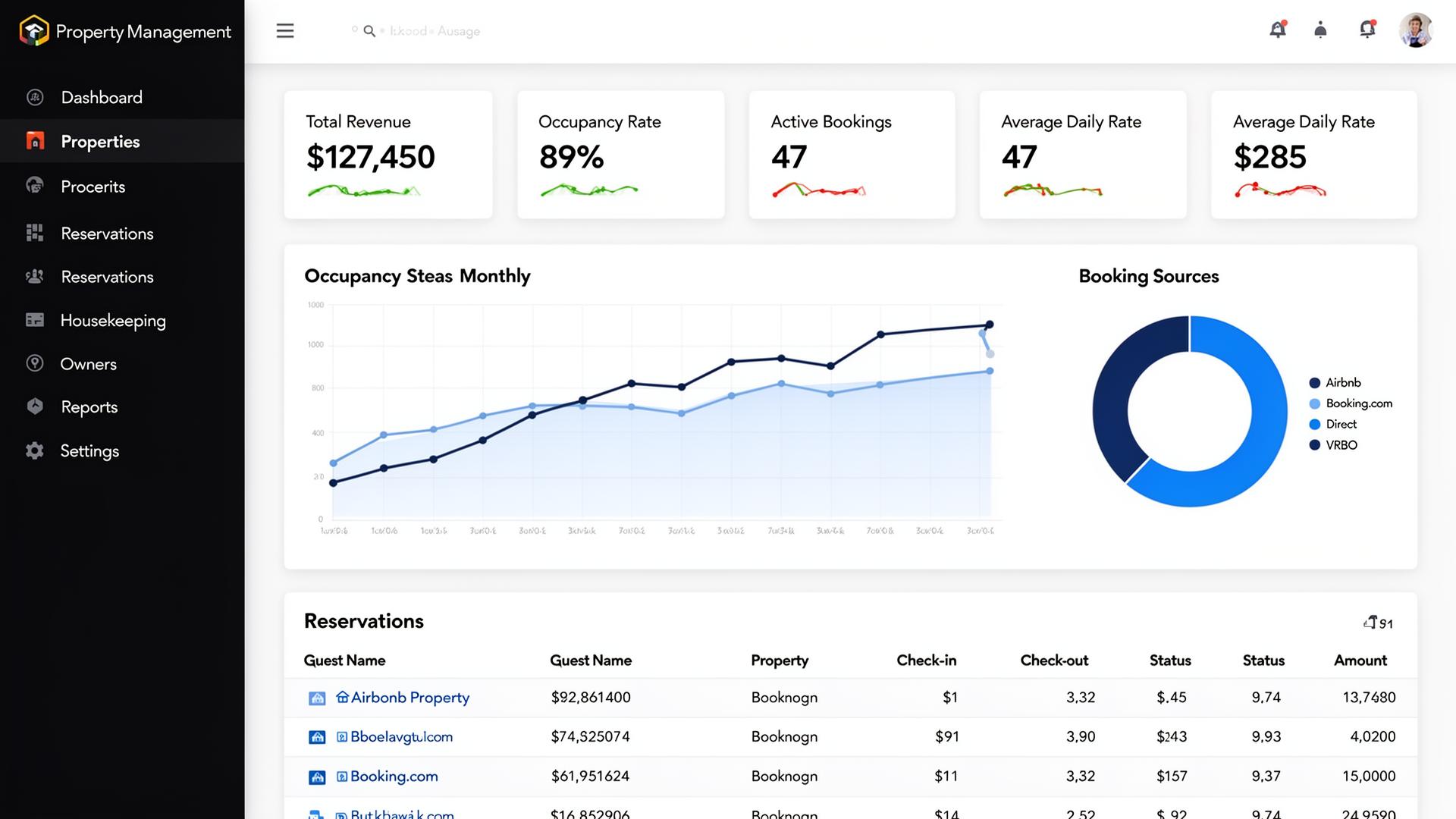 HMS OS property management dashboard showing KPIs, occupancy charts, and reservations